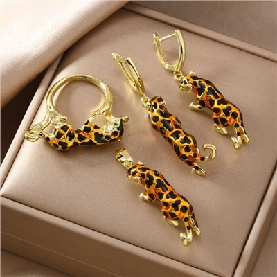 Комплект ювелирной бижутерии Итальянское золото (покрытие желтое 14к) серьги, кулон и кольцо 17 р, вставка: фианиты и витражная цветная эмаль, цвет: зеленый, оранжевый, черный, арт.217.339-17