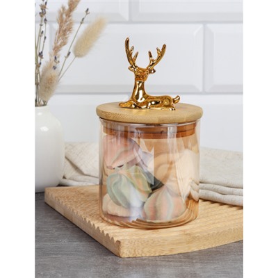 Банка для сыпучих бамбуковая крышка с фигуркой 350 мл 8х8 см / 9859 /уп 120/ новогодняя