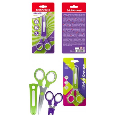 Ножницы детские 130 мм "Юниор" с пластиковым чехлом и именным стикером, в блистере 58196 ErichKrause