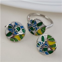 Комплект ювелирной бижутерии серьги и кольцо 20 р, покрытие позолота, вставка: цветная эмаль, цвет:желтый, зеленый и белый, арт.313.213-20