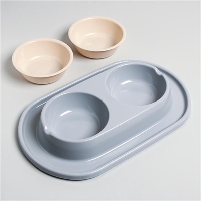 Миска двойная для животных «Мур-мяу», 300 мл, на подставке, пластик, серая