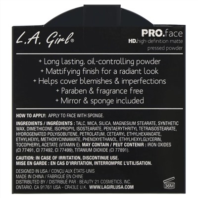L.A. Girl, Компактная матирующая пудра для лица Pro Face HD, оттенок «Бежевый», 7 г