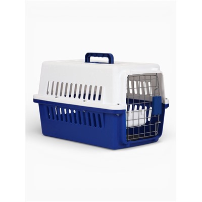 Переноска для животных, 49×31×31 см, с поддоном-решёткой и миской, пластик, белая, синяя