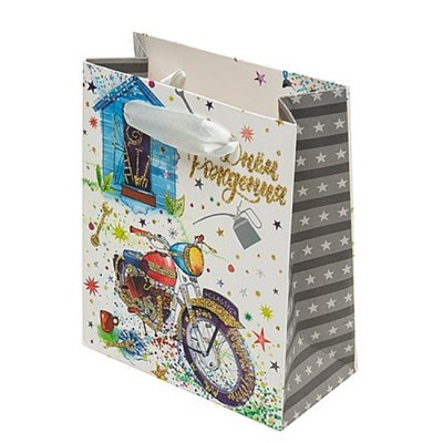 Пакет бумажный 12х14х6 см "День рождения.Звезды" с атласн.лентами, ламин. ABYXS 05 Stilerra