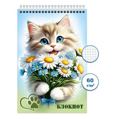Блокнот на спирали 100х150 мм 48л клетка "Кошки 4" Бг48/9-4 Гранит