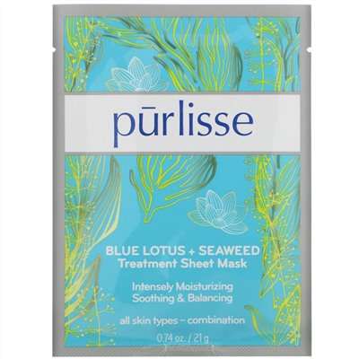 Purlisse, Blue Lotus + Seaweed, Treatment Sheet Mask, 6 Masks, 0.74 oz (21 g) Each