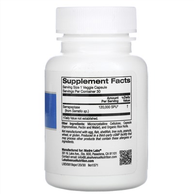 Lake Avenue Nutrition, Серрапептаза, протеолитический фермент, 120 000 SPU, 30 растительных капсул