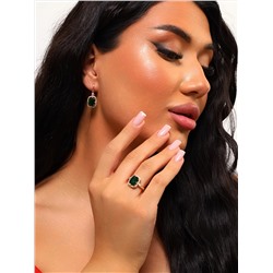 Комплект ювелирной бижутерии коллекция "Дубай" с крупным камнем серьги и кольцо 17 р, покрытие позолота, вставка: фианиты, цвет: зеленый, арт.314.433-17