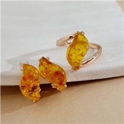 Комплект ювелирной бижутерии коллекция "Дубай" серьги и кольцо 18 р, покрытие позолота, вставка: искусственный янтарь, арт.313.505-18