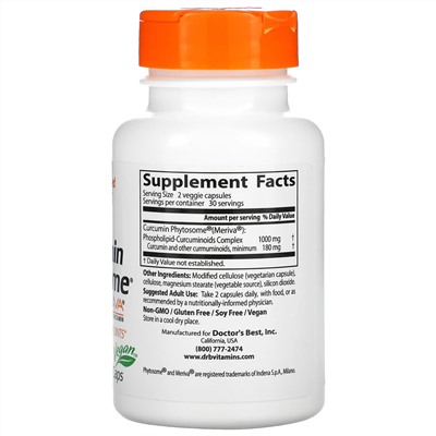 Doctor's Best, Phytosome, куркумин с Meriva, 500 мг, 60 вегетарианских капсул