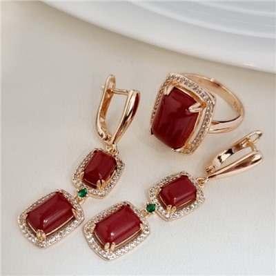 Комплект ювелирной бижутерии коллекция "Дубай" серьги и кольцо 19 р, покрытие позолота, вставка: фианиты и искусственный камень, цвет: бордовый и прозрачный, арт.313.164-19