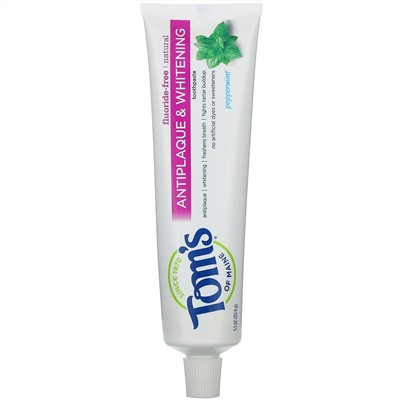 Tom's of Maine, Natural Antiplaque & Whitening Toothpaste, Fluoride Free, Peppermint, 5.5 oz (155.9 g)