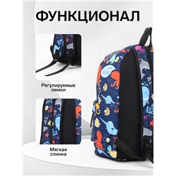Рюкзак школьный на молнии, с карманами, с принтом, размер 30×12×41 см, синий