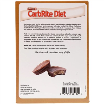 Universal Nutrition, Doctor's CarbRite Diet Bars, Chocolate Peanut Butter, 12 Bars, 2.00 oz (56.7 g) Each