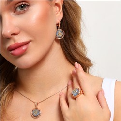 Крупный комплект ювелирной бижутерии коллекция "Дубай" серьги, кулон и кольцо 19 р, покрытие: позолота вставка: фианиты, искусственный камень, сухоцветы, цвет: прозрачный и голубой, арт.213.882-19