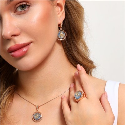 Крупный комплект ювелирной бижутерии коллекция "Дубай" серьги, кулон и кольцо 18 р, покрытие: позолота вставка: фианиты, искусственный камень, сухоцветы, цвет: прозрачный и голубой, арт.213.882-18