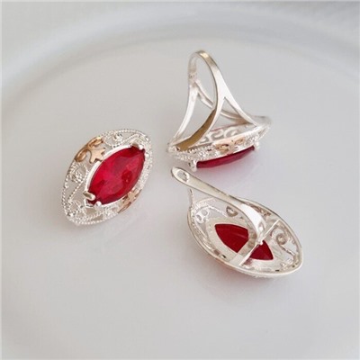 Комплект ювелирной бижутерии коллекция "Дубай",серьги и кольцо покрытие серебрение, вставка: камень красный, р-р 19,5, 09809, арт.216.375-19,5