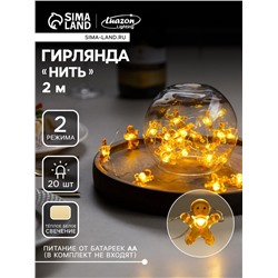 Гирлянда «Нить» 2 м роса с насадками «Пряничный человечек», IP20, серебристая нить, 20 LED, 2 режима, батарейки ААх2 (нет в комплекте), свечение тёплое белое