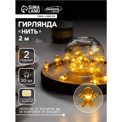 Гирлянда «Нить» 2 м роса с насадками «Пряничный человечек», IP20, серебристая нить, 20 LED, 2 режима, батарейки ААх2 (нет в комплекте), свечение тёплое белое