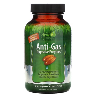 Irwin Naturals, Anti-Gas пищеварительные ферменты, 45 мягких желатиновых капсул