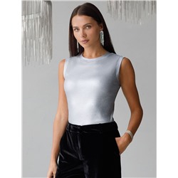 Топ с закрытым декольте из хлопка с эластаном в рубчик с матовым покрытием металлик