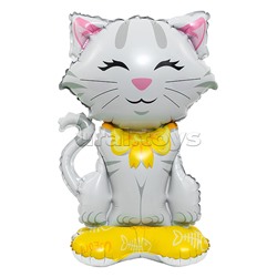Шар 3D (24''/61 см) Фигура на подставке, Кошечка с бантиком, Белый, 1 шт. в уп.