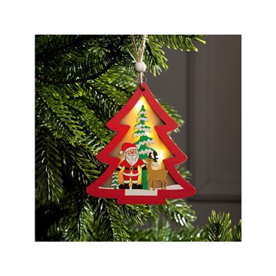 Ёлочная игрушка «Красная ёлочка с Дедом Морозом», 10×10×1 см, 3 LED, от батареек, свечение тёплое белое
