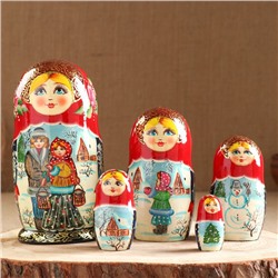 Матрёшка дерево «Парочка», красный платок,5 кукольная, люкс