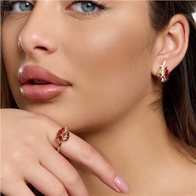 Комплект ювелирной бижутерии коллекция "Дубай" серьги и кольцо 19 р, покрытие позолота, вставка: фианиты и цирконы, цвет: коньячный и прозрачный, арт.215.744-19