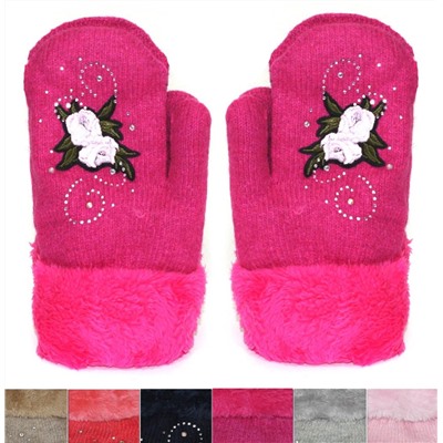 Варежки вязаные детские с отворотом "роза"