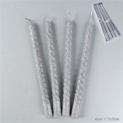 Свеча стержень 4 штук 20 см набор витая / BQ-2 /уп 144/ серебро