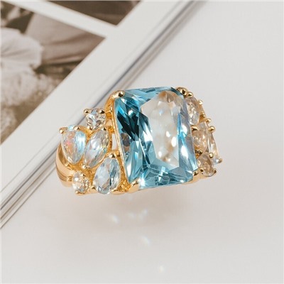 Кольцо 19 р ювелирная бижутерия коллекция "Дубай", покрытие позолота, вставка: фианиты, цвет: голубой, арт.313.356-19