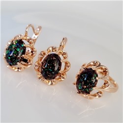 Комплект ювелирная бижутерия коллекция  "Дубай" серьги и кольцо 19 р, покрытие: позолота, вставка: искусственный камень с вкраплениями, цвет: черный, арт.313.125-19