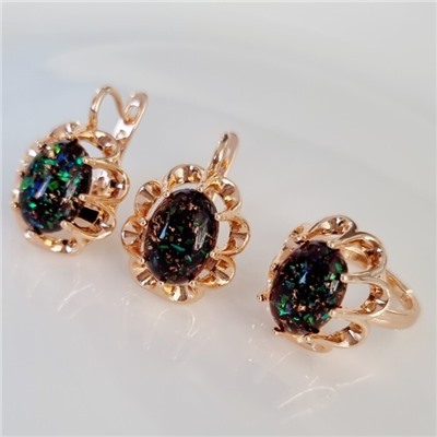 Комплект ювелирная бижутерия коллекция  "Дубай" серьги и кольцо 20 р, покрытие: позолота, вставка: искусственный камень с вкраплениями, цвет: черный, арт.313.125-20