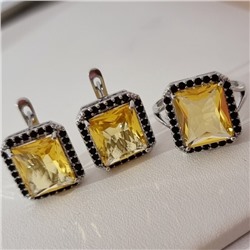 Комплект ювелирной бижутерии коллекция "Дубай" серьги и кольцо 18 р покрытие посеребрение, вставка: стекло и цирконы, цвет: желтый и черный, арт.215.544-18