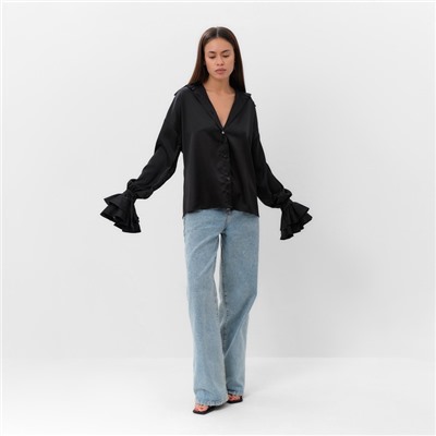 Блузка шелковая с воланами женская MIST, размер 46, чёрная
