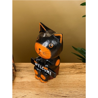 Сувенир «Кот с табличкой WELCOME», 10×7×16 см, дерево, чёрно-рыжий