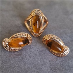 Комплект ювелирной бижутерии коллекция "Дубай",серьги и кольцо покрытие позолота, камень янтарь, р-р 19, 7602, арт.216.347-19