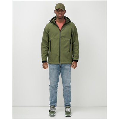 Ветровка спортивная мужская с капюшоном softshell цвета хаки 9563Kh