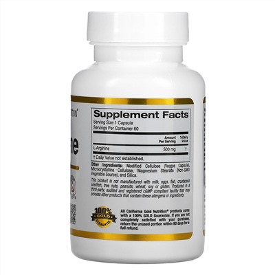California Gold Nutrition, AjiPure, L-аргинин, 500 мг, 60 растительных капсул