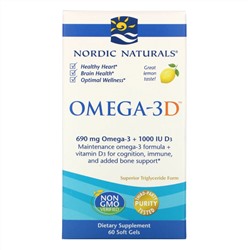 Nordic Naturals, Омега-3D, лимонный, 1000 мг, 60 мягких капсул