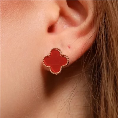 Серьги клевер ювелирная бижутерия коллекция "Дубай", покрытие позолота, вставка: пластик, цвет: красный, арт.414.257