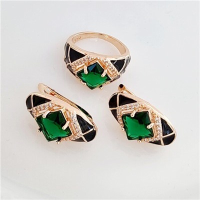 Комплект ювелирной бижутерии Дубайское золото серьги и кольцо, покрытие позолота, вставка: эмаль и фианиты, цвет: черный и зеленый, р-р 18, арт.314.460-18