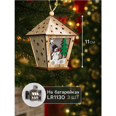 Ёлочная игрушка «Фонарь со снеговиком», 11×8×8 см, от батареек, свечение тёплое белое