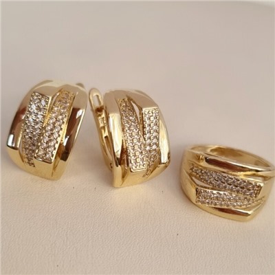 Комплект ювелирной бижутерии Итальянское золото (покрытие желтое 14к) серьги и кольцо 19 р, вставка: фианиты, цвет: прозрачный, арт.217.332-19