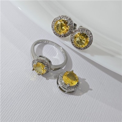 Комплект ювелирной бижутерии серьги, кулон и кольцо 17 р, покрытие посеребрение, вставка: фианиты, цвет: желтый и прозрачный, арт.313.254-17