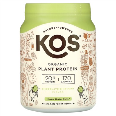 KOS, Organic Plant Based Protein, Chocolate Chip Mint, 1.3 lb (590.7 g)