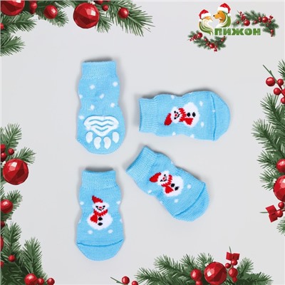 Носки нескользящие для животных «Снеговики», L (3.5/5×8 см), набор 4 шт., голубые