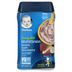 Gerber, Hearty Bits, мультизлаковая каша, для малышей от 12 месяцев, банан, яблоко и клубника, 227 г (8 унций)