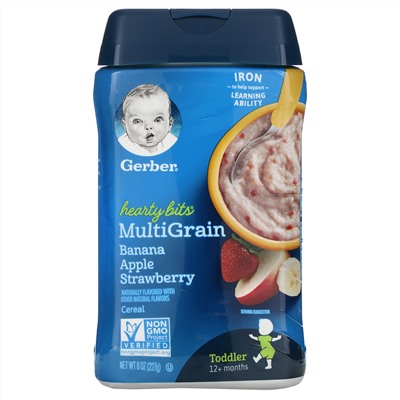 Gerber, Hearty Bits, мультизлаковая каша, для малышей от 12 месяцев, банан, яблоко и клубника, 227 г (8 унций)